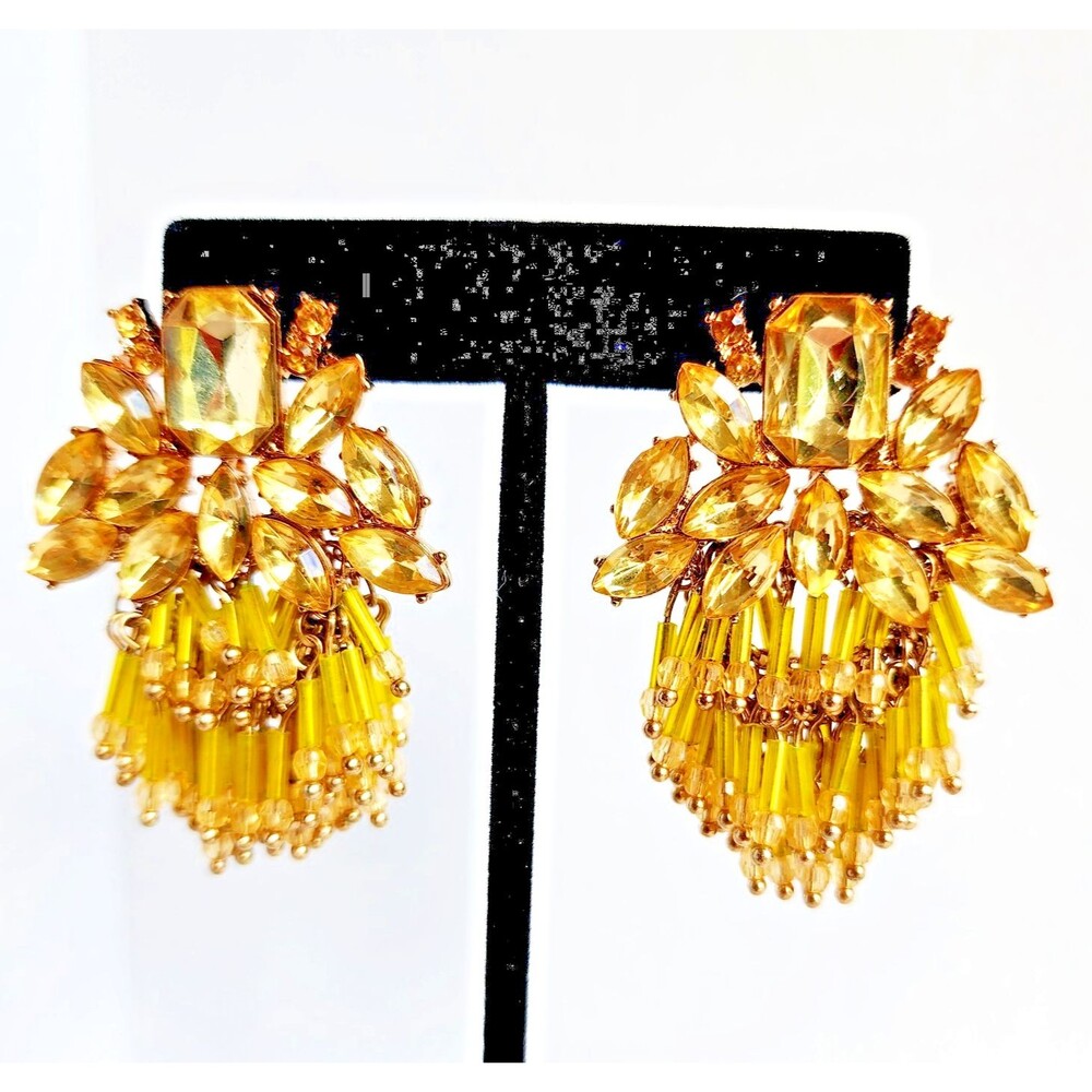 Hollywood Glam Yellow Chandelier Earrings Rhinestone Beaded Gold Tone Statement